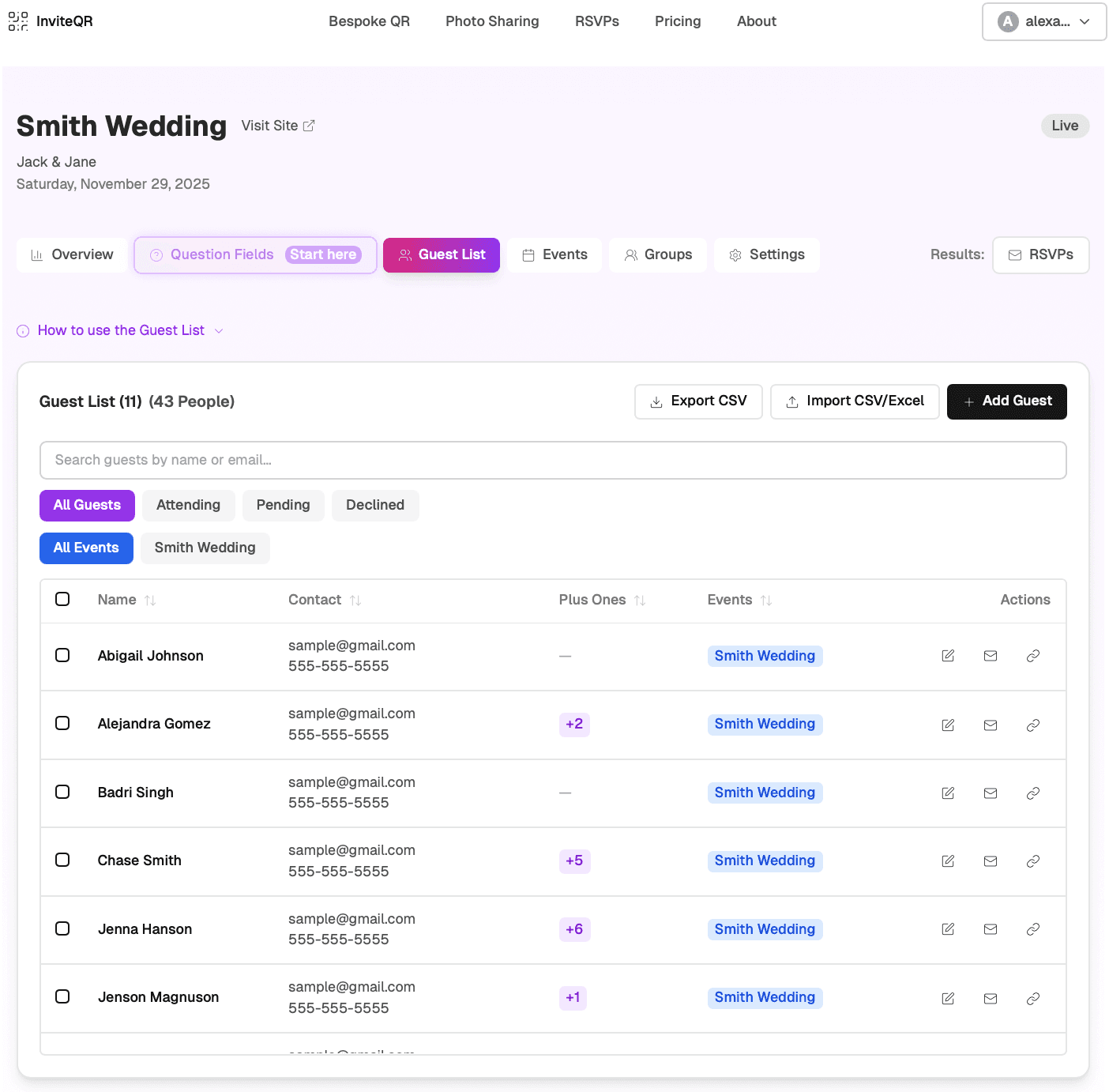 RSVP dashboard with guest responses, party sizes, and meal preferences