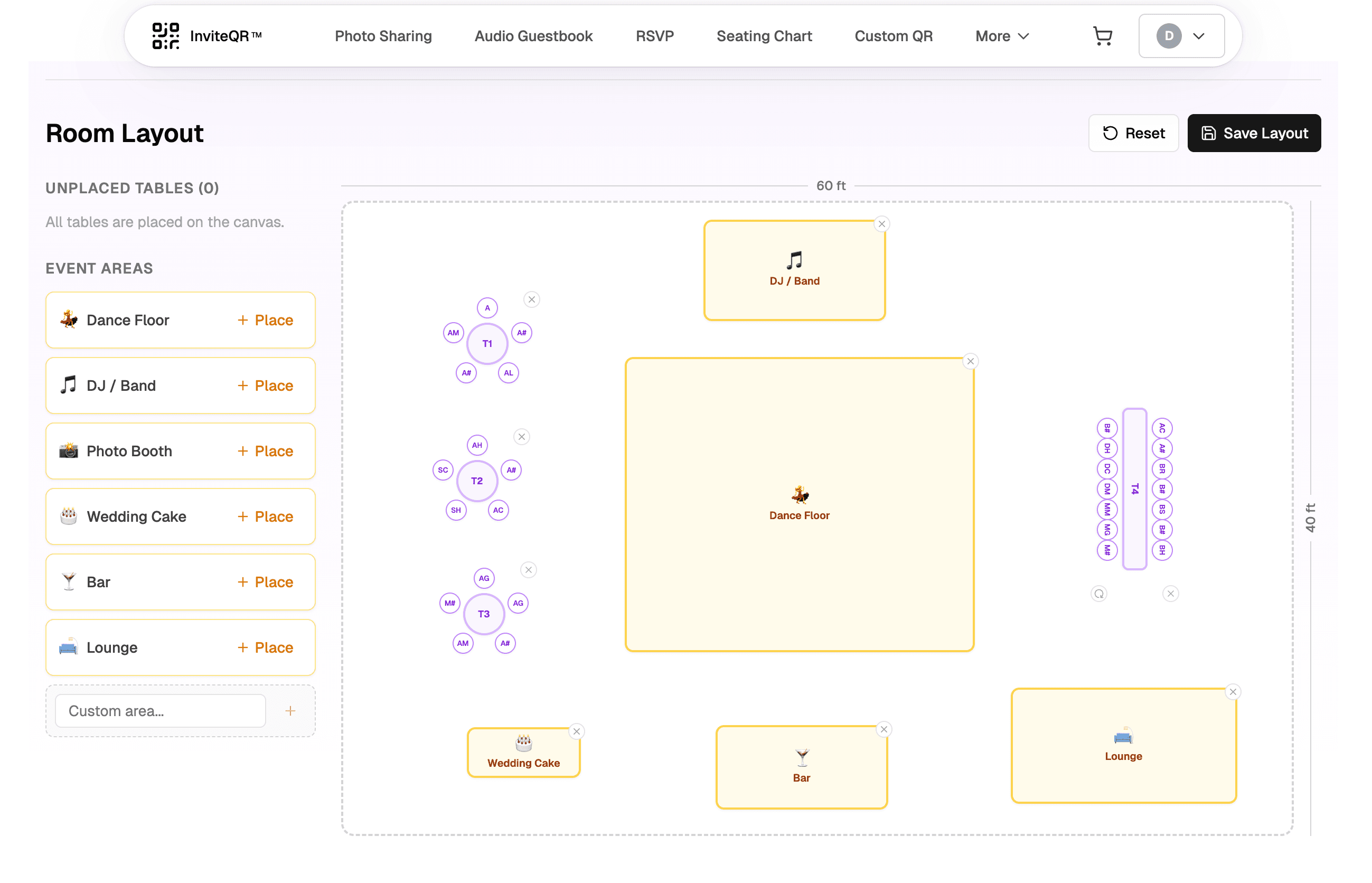 Seating chart designer showing guest tables arranged around a dance floor